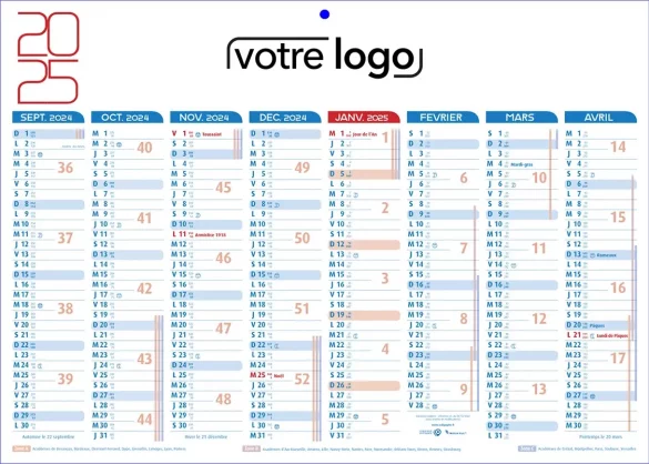 calendrier publicitaire avec les vacances scolaires 2024 2025 personnalisable