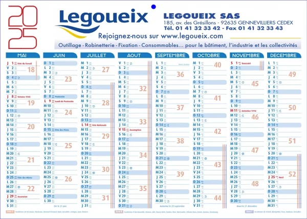 Calendrier bancaire Scolaire bleu et rouge 2 faces 16 mois