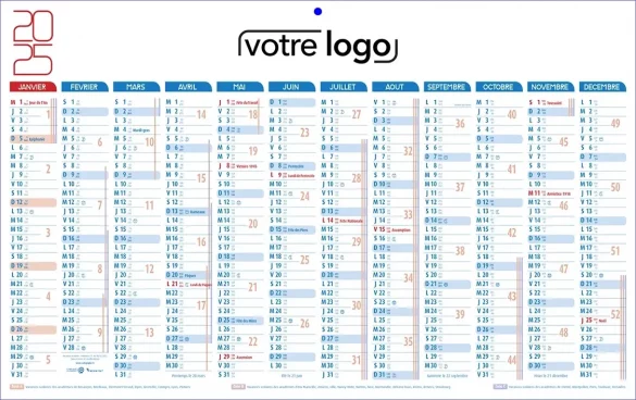 Calendrier Bancaire 1 face Classique bleu et rouge 12 mois